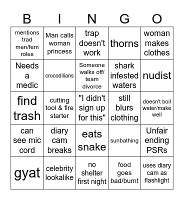 Naked and afraid Bingo Card