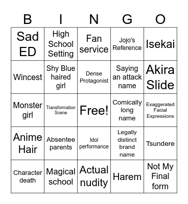 Anime Tropes Bingo Card