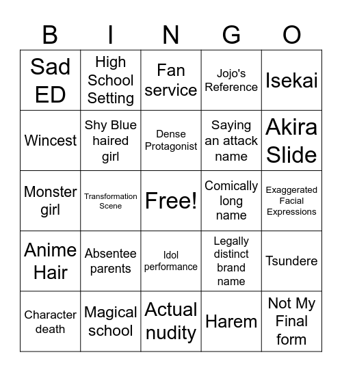 Anime Tropes Bingo Card