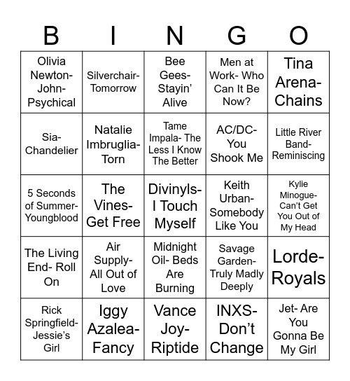 Radio Bingo Down Under Bingo Card