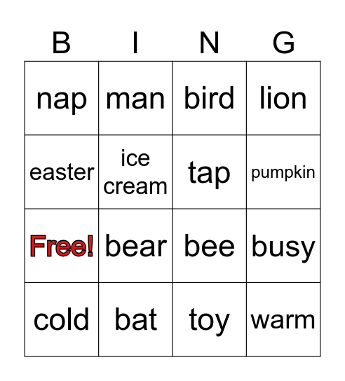 Short A Sound Bingo Card
