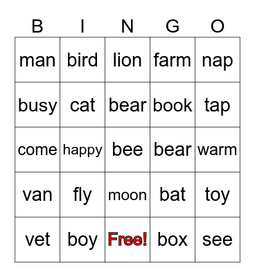 Short A Sound Bingo Card