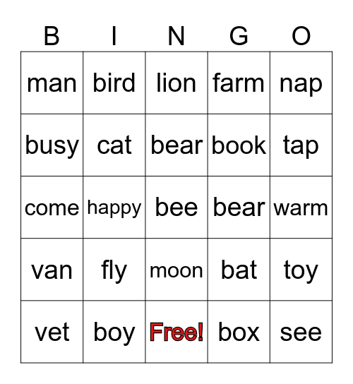 Short A Sound Bingo Card