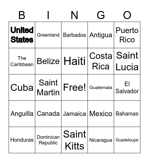 North America Bingo Card