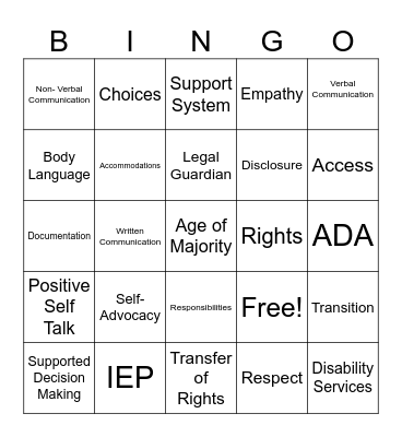 Self Advocacy Vocabulary Bingo Card