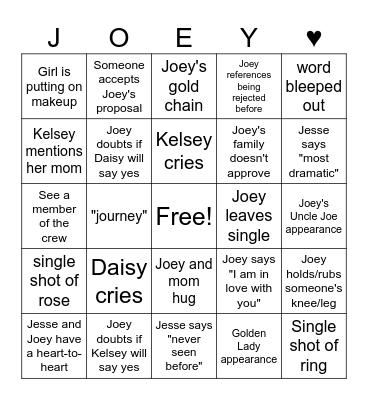 The Bachelor Final Rose - Joey - 2024 Bingo Card