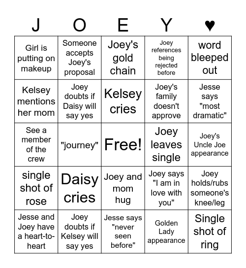The Bachelor Final Rose - Joey - 2024 Bingo Card