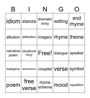 Poetic Vocabulary Bingo Card