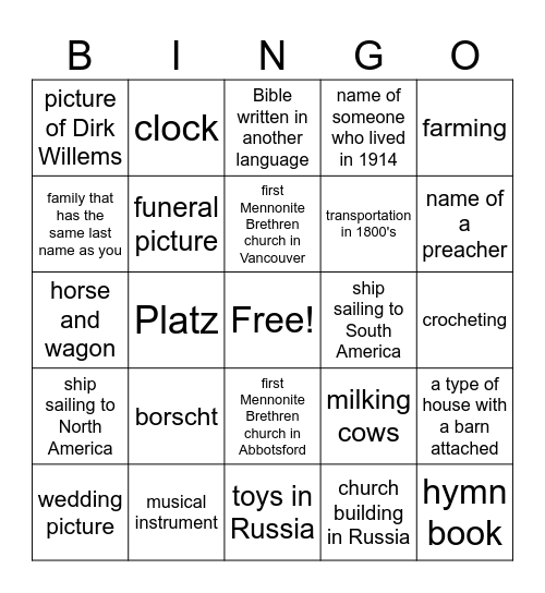 Mennonite Heritage Museum Bingo Card