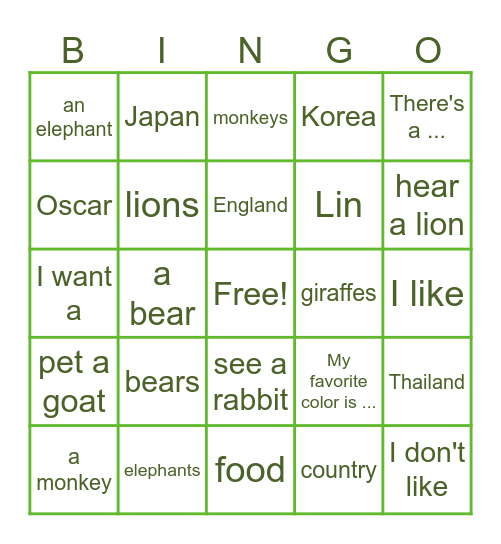 Animals. Likes and Dislikes Bingo Card