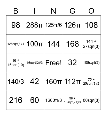 3D Geometry Bingo Card