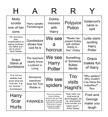 Chamber of Secrets Bingo Card