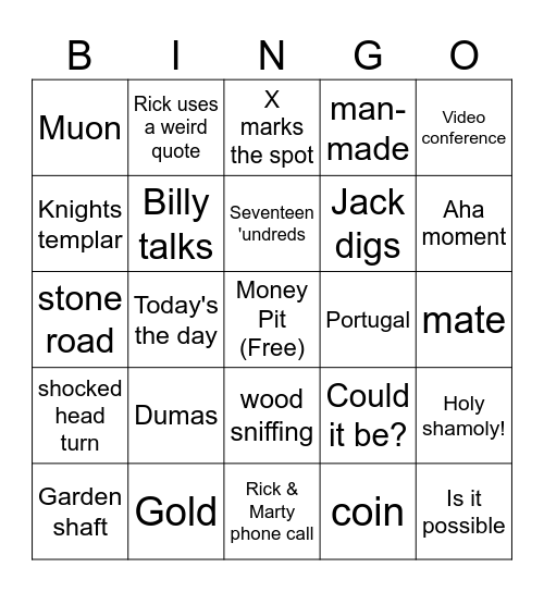 Oak Island S10 E2 Card 4 Bingo Card