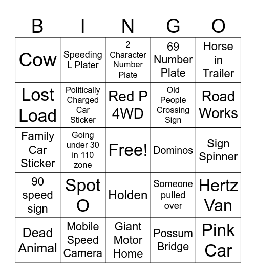 Car Bingo Card