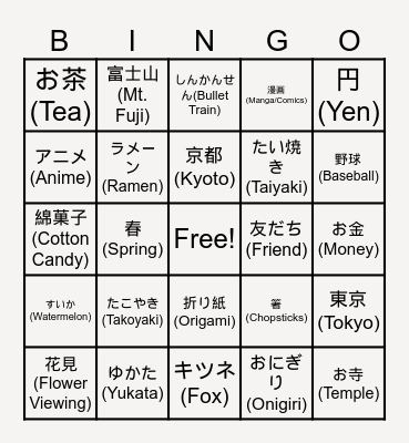 Japanese Bingo Card