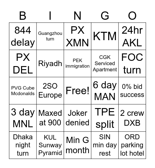 Airbus Bingo Card