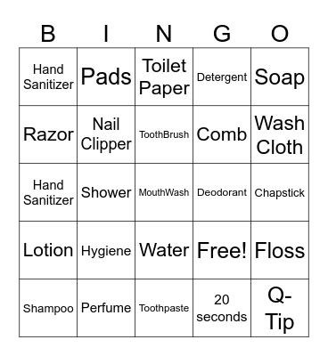 Hygiene Bingo Card