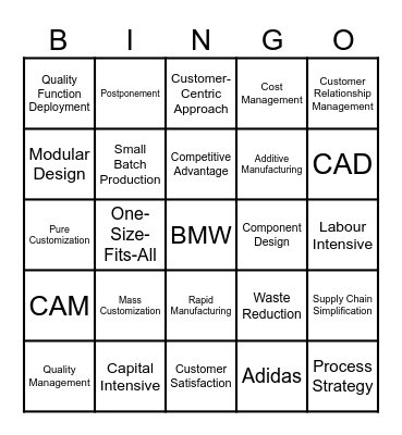 Mass Customization Bingo Card