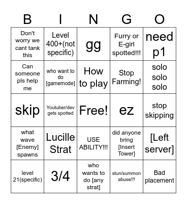 Tower Defense Bingo Card