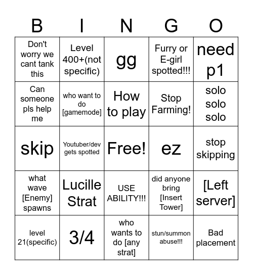 Tower Defense Bingo Card