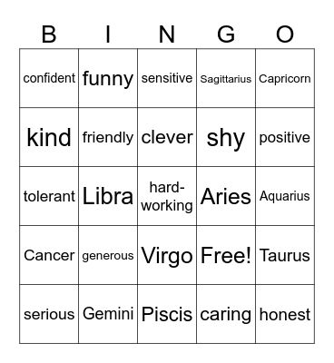 Star signs and characteristics Bingo Card