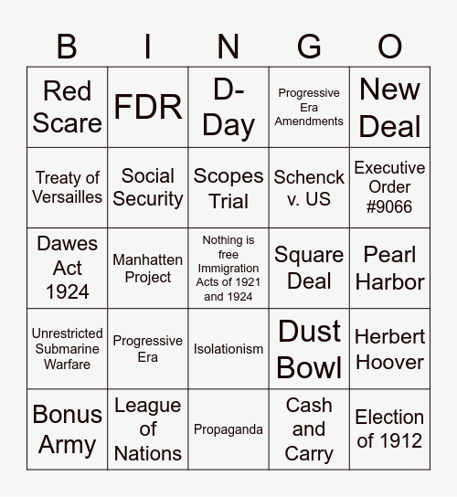 1900's BINGO Card