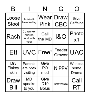 NICU Bingo Card