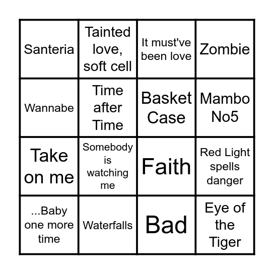 Musical Bingo - 80's/ 90's Bingo Card