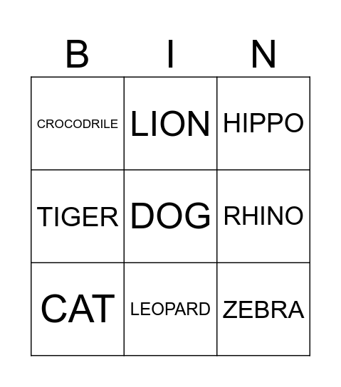 Animals Bingo Card