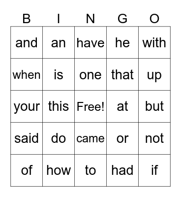 Heart Words Bingo Card