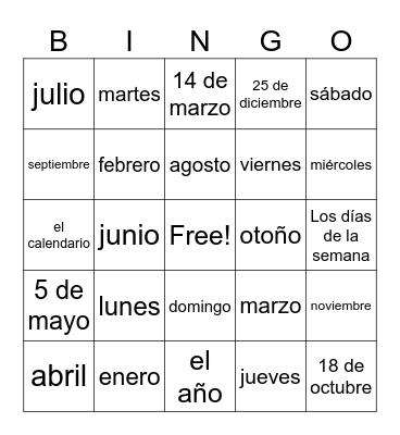 Spanish Calendar Loteria Bingo Card