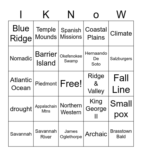 Georgia Studies Bingo Card