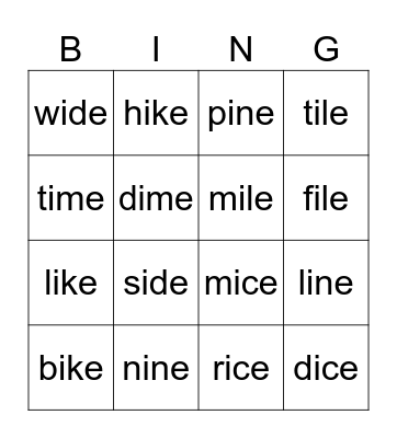 Long i -- Magic e Bingo Card