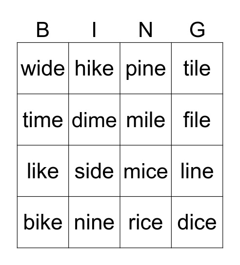 Long i -- Magic e Bingo Card