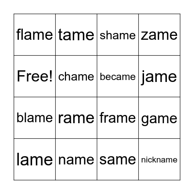 ame word family Bingo Card