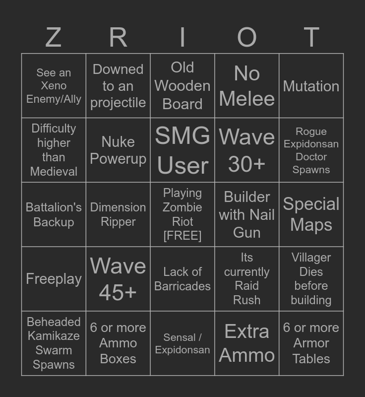 Zombie Riot Bingo V2 Bingo Card