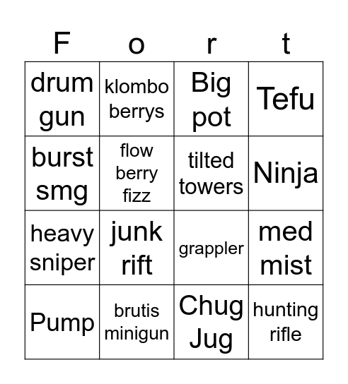 Fortnite bingo Card