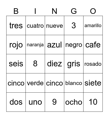Colores y Numeros 1-10 Bingo Card