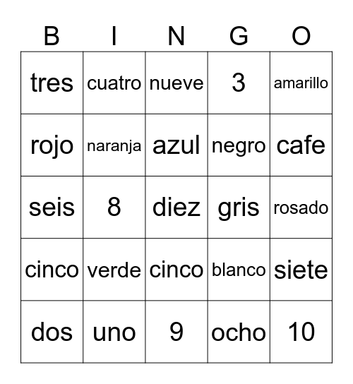 Colores y Numeros 1-10 Bingo Card