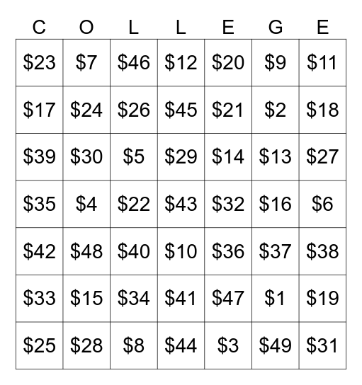 C-O-L-L-E-G-E FUNDRAISER Bingo Card