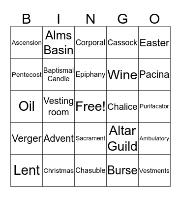 Episcopal Church Seasons & Symbols Bingo Card