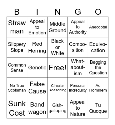 Logical Fallacy Bingo! Bingo Card