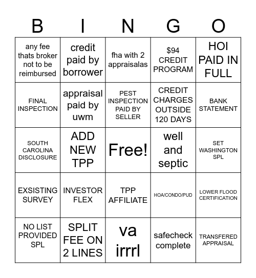 Loan Bingo Card