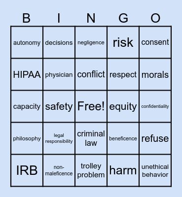 Biomedical Ethics Bingo Card