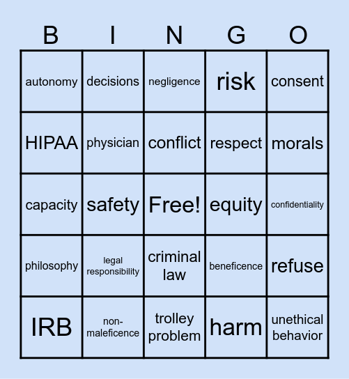 Biomedical Ethics Bingo Card