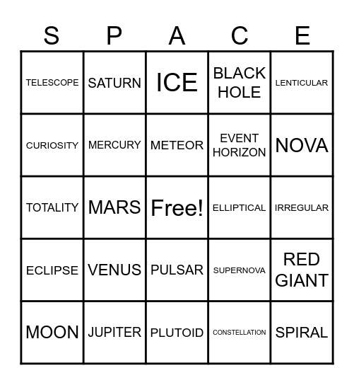 SPACE BINGO Card