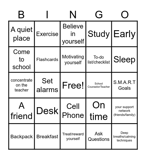 Study Skills Bingo Card