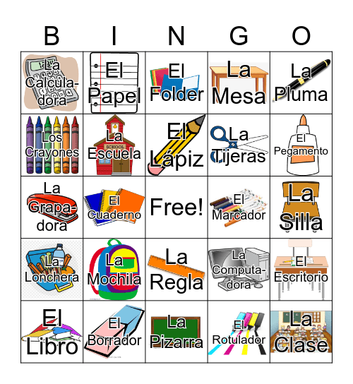 School Supplies In Spanish Bingo Card