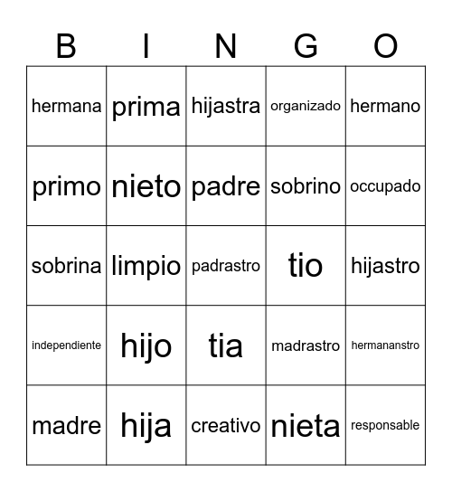 la famila Bingo Card