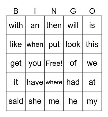 Sight Words Bingo Card